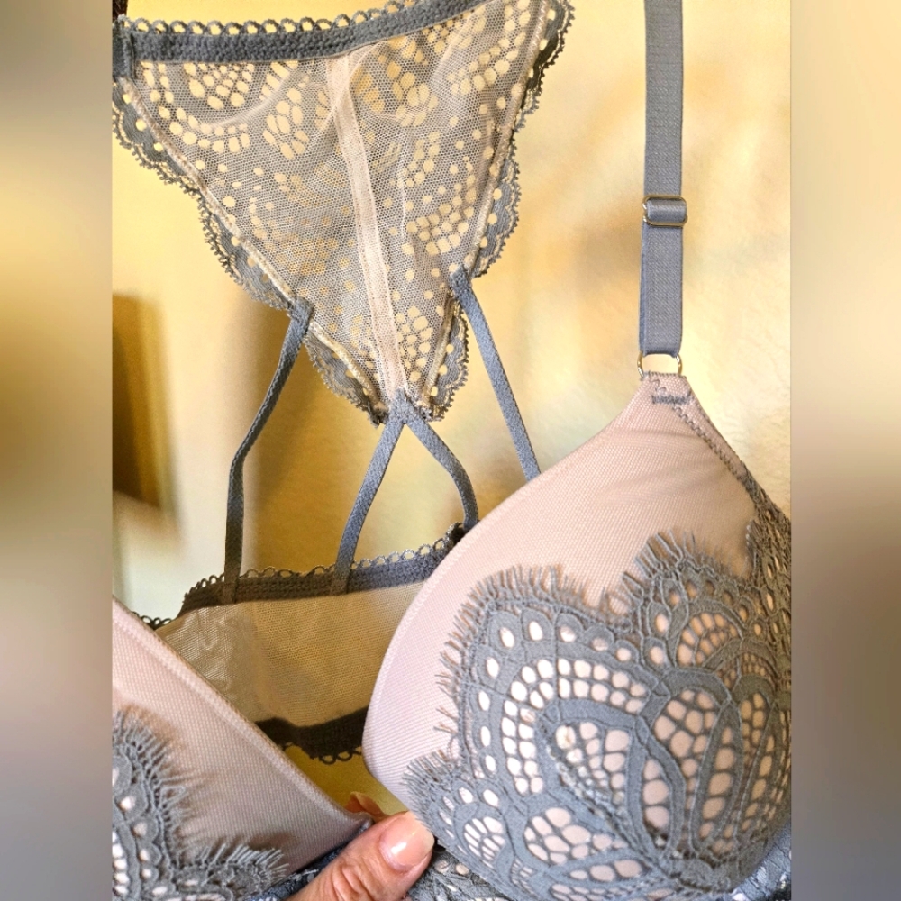 Victoria's Secret Lace Trim Push-Up Bra in Blush and Gray